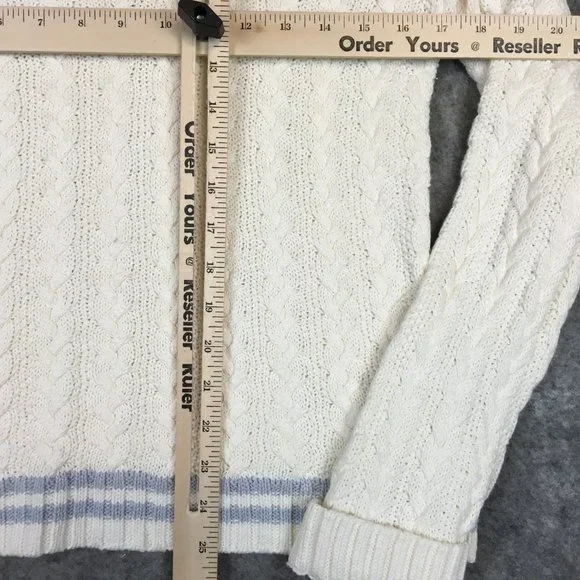 Lauren Ralph Lauren Sweater S M Preppy Cable Knit Blue Ivory V Neck Cuffed Braid - Picture 6 of 11
